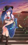  1girl bad_proportions bird blue_skirt bow clouds evening flat_chest food fruit fuussu_(21-kazin) hat highres hinanawi_tenshi long_skirt looking_at_viewer night night_sky orange_eyes peach plant purple_sky shiny shiny_hair shirt short_sleeves side_glance sitting skirt sky smile solo stairs sunset touhou twilight vines white_shirt 