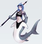  1girl abs blue_hair blush eyebrows grey_skin halter_top halterneck highres loincloth long_hair mermaid midriff monster_girl monster_girl_island muscle muscular_female navel orange_eyes polearm redamz shark_fin shark_girl smile solo spear sunglasses sunglasses_on_head weapon white_background 