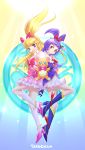  2girls :d asahina_mirai bear black_boots black_gloves black_hat blonde_hair boots bow creature cure_magical cure_miracle earrings full_body gloves hair_bow hat highres holding_hands izayoi_liko jewelry knee_boots long_hair looking_at_viewer magical_girl mahou_girls_precure! mini_hat mini_witch_hat mofurun_(mahou_girls_precure!) multiple_girls open_mouth pink_bow pink_hat pink_skirt ponytail precure red_bow skirt smile teruchan violet_eyes white_boots white_gloves white_skirt witch_hat 