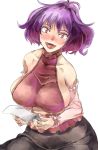 1girl adapted_costume bare_shoulders blush breasts crop_top detached_sleeves fangs large_breasts letter looking_at_viewer love_letter open_mouth purple_hair red_eyes skirt smile solo touhou yasaka_kanako yohane 
