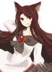 1girl animal_ears arms_behind_back brown_hair dress imaizumi_kagerou jewelry long_hair looking_at_viewer red_eyes simple_background solo tama_(hiroshige_36) tongue tongue_out touhou very_long_hair white_background wolf_ears 