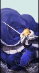  1girl blonde_hair blue_eyes breastplate cape excalibur fate/stay_night fate_(series) gauntlets highres holding holding_sword holding_weapon labombardier! looking_at_viewer saber solo sword weapon 