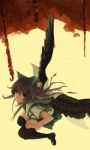  1girl absurdres black_hair black_legwear black_wings bow brown_shoes cape chain collar expressionless feathered_wings flying frilled_collar frills green_skirt hair_bow highres hook looking_at_viewer red_eyes reiuji_utsuho shirt shoes short_sleeves skirt solo thigh-highs thighs touhou unitsu white_shirt wings 