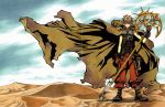  1boy absurdres brown_eyes brown_hair clamp coat desert highres holding holding_weapon long_hair looking_at_viewer short_hair solo staff tsubasa_chronicle xiaolang 