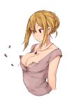  1girl black_eyes blonde_hair breasts bursting_breasts buttons cleavage collarbone empty_eyes eyebrows highres jewelry long_hair original pendant popped_button rucchiifu sidelocks simple_background sketch solo torn_clothes upper_body white_background 