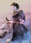  1girl a_song_of_ice_and_fire artist_name arya_stark black_dress brown_hair character_request dress head_tilt holding holding_sword holding_weapon isaac_hein_iii outdoors signature snowing solo standing sword weapon wolf 