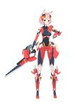  1girl absurdres animal_ears bodysuit boots breasts covered_navel covered_nipples full_body gauntlets headgear highres looking_at_viewer original pink_hair red_eyes science_fiction short_hair simple_background single_gauntlet solo sonech standing sword weapon white_background 
