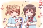 2girls ahoge alternate_costume blonde_hair blue_eyes blush_stickers braid brown_eyes brown_hair commentary_request dated hair_bun hair_over_shoulder hair_ribbon highres instrument kanon_(kurogane_knights) kantai_collection keyboard_(instrument) kindergarten_uniform long_hair long_sleeves melodica michishio_(kantai_collection) mouth_hold multiple_girls musical_note recorder ribbon shigure_(kantai_collection) short_sleeves short_twintails twintails 