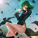  1girl black_dress curly_hair dress eyelashes eyeliner floating_rocks green_eyes green_hair highres lens_flare lips makeup no_panties one-punch_man short_hair side_slit signature small_breasts solo tatsumaki telekinesis wallace_pires 