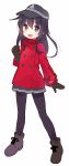  1girl akatsuki_(kantai_collection) alternate_costume anchor_symbol black_eyes black_hair boots casual clenched_hand flat_cap gloves hat jacket kantai_collection long_hair muhogame pantyhose solo white_background 