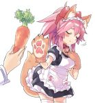  1girl alternate_costume animal_ears apron bangs bell bell_collar blush blush_stickers bow breasts carrot claws closed_eyes closed_mouth collar commentary_request cowboy_shot dress fang fate/extra fate/grand_order fate_(series) fingernails food fox_ears fox_tail frilled_apron frilled_dress frills fujimaru_ritsuka_(female) gloves hair_between_eyes hair_bow hand_on_own_chest headdress holding holding_food image_sample jingle_bell long_hair maid maid_apron maid_headdress paw_gloves paws pink_hair pocket ponytail puffy_short_sleeves puffy_sleeves red_bow shiny shiny_hair short_sleeves simple_background standing tail tamamo_(fate)_(all) tamamo_cat_(fate) thigh-highs twitter_sample urayamashiro_(artist) vegetable white_apron white_background white_legwear 