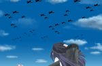  2girls airplane akatsuki_(kantai_collection) commentary flat_cap hat kantai_collection machinery multiple_girls purple_hair sazanami_(kantai_collection) sky usui_harusame 