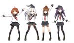  4girls akatsuki_(kantai_collection) anchor_symbol arm_up black_legwear black_skirt blue_eyes brown_eyes brown_hair coupon_(skyth) flat_cap folded_ponytail hair_between_eyes hair_ornament hairclip hat hibiki_(kantai_collection) highres ikazuchi_(kantai_collection) inazuma_(kantai_collection) kantai_collection loafers long_hair looking_at_viewer multiple_girls neckerchief open_mouth outstretched_arms pantyhose pleated_skirt purple_hair school_uniform serafuku shoes short_hair silver_hair simple_background skirt smile socks standing thigh-highs violet_eyes white_background 