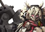  1girl adapted_costume bare_shoulders blonde_hair breasts cleavage close-up collar dark_skin glowing glowing_eyes hair_ornament joints kantai_collection looking_at_viewer machinery mecha mechanization musashi_(kantai_collection) red_eyes robot robot_joints simple_background solo sukekiyo56 turret twintails upper_body white_background 