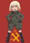  1girl blonde_hair blue_eyes blush boots fang girls_und_panzer hands_on_hips highres katyusha knee_boots looking_at_viewer military military_uniform open_mouth red_background scissors short_hair short_jumpsuit simple_background sleeves_past_wrists smile solo takatoo_kurosuke uniform 