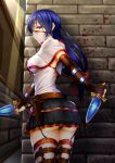  1girl against_wall ass black_panties black_skirt blood blood_splatter blue_hair breasts brick_wall capelet covered_mouth cowboy_shot dagger dripping dual_wielding earrings elbow_gloves face_mask fingerless_gloves from_behind garter_straps glint gloves hair_ribbon jewelry light_rays long_hair looking_at_viewer looking_back looking_to_the_side love_live!_school_idol_project mask miniskirt panties pantyshot pantyshot_(standing) ramucha ribbon see-through sheath skirt solo sonoda_umi standing thigh-highs thigh_strap underwear weapon yellow_eyes 