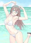  1girl :d alternate_costume and aqua_eyes armpits arms_up bangs bare_shoulders beach bikini blue_sky blurry breasts brown_hair clouds collarbone depth_of_field eyebrows eyebrows_visible_through_hair flip-flops glasses grin hair_between_eyes hairband head_tilt heart_arms highres kantai_collection leg_up long_hair looking_at_viewer multi-strapped_bikini navel ocean one_leg_raised ooyodo_(kantai_collection) open_mouth outdoors pink_lips sandals semi-rimless_glasses sideboob sky smile solo stomach string_bikini swimsuit under-rim_glasses water waves white_bikini 