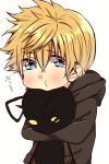  1boy artist_request black_coat blonde_hair blue_eyes blush character_doll chibi crying heartless kingdom_hearts male_focus object_hug pout roxas shadow_(kingdom_hearts) solo tears translation_request 