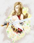  1girl absurdres armor beatrix belt breasts brown_hair cleavage eyepatch final_fantasy final_fantasy_ix gloves highres large_breasts long_hair pantyhose red_eyes solo sword weapon 
