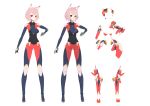  1girl animal_ears armor_removed bodysuit breasts covered_navel covered_nipples full_body highres looking_at_viewer multiple_views original pink_hair red_eyes short_hair simple_background sonech standing white_background 