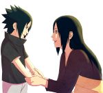  1boy 1girl black_hair highres long_hair mother_and_son motherly naruto open_mouth short_hair smile steampunkskulls uchiha_mikoto uchiha_sasuke 