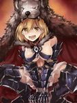  1girl armor bangs berserker_(granblue_fantasy) black_legwear blonde_hair blush breasts djeeta_(granblue_fantasy) edobox fangs gauntlets granblue_fantasy hair_between_eyes navel pelt short_hair solo squatting thigh-highs under_boob wolf yellow_eyes 