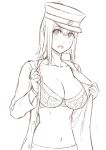  1girl akitsu_maru_(kantai_collection) and blush bra breasts cleavage gloves hat kantai_collection large_breasts monochrome open_clothes open_mouth open_shirt peaked_cap shirt short_hair sketch solo underwear 