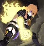  1girl blonde_hair clenched_hand fingerless_gloves garter_straps gloves glowing jewelry kuroda_(nanchara_flight) long_hair necklace rwby solo spoilers thigh-highs vambraces violet_eyes yang_xiao_long 