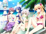  5girls :d ahoge alisa_reinford alternate_costume beach beach_chair bikini blonde_hair blue_eyes blue_hair blush bow cocktail drinking_straw eating eiyuu_densetsu emma_millstein fie_claussell flower food glasses green_eyes hair_bow hair_flower hair_ornament hands_above_head holding holding_ball holding_food laura_s._arzeid long_hair looking_at_viewer midriff millium_orion morisaki_kurumi multiple_girls navel ocean open_mouth palm_tree ponytail popsicle purple_hair red_eyes sarong sen_no_kiseki short_hair silver_hair sitting sky smile sunlight swimsuit tree two_side_up yellow_eyes 