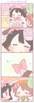  2girls 4koma black_hair blush bow brown_hair closed_eyes comic flying_sweatdrops fur_trim gloves hair_bow hamster_ears hamster_hood koizumi_hanayo love_live!_school_idol_project multiple_girls red_eyes skirt translated twintails u_u ususa70 yazawa_nico |_| 