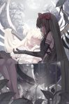  2girls akemi_homura akuma_homura artist_name bangs black_dress black_gloves black_hair black_wings blurry bow closed_eyes closed_mouth cup depth_of_field dew_drop dress drinking_glass earth eyelashes feathered_wings flower fur_trim gate glass gloves goddess_madoka hair_bow highres holding_another&#039;s_hair holding_hands in_container kaname_madoka leaf leaning_on_person leaning_to_the_side light_frown light_particles light_smile long_hair magical_girl mahou_shoujo_madoka_magica mahou_shoujo_madoka_magica_movie minigirl multiple_girls nanaya_(daaijianglin) oversized_object pantyhose plant profile red_bow rose signature sitting sitting_on_lap sitting_on_person spoilers thorns transparent two_side_up vines water_drop white_dress white_flower white_gloves white_hair white_rose white_wings wings yuri 