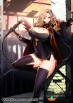  1girl against_wall black_legwear blonde_hair breasts coat commentary_request copyright_name curvy hair_ornament knee_up large_breasts long_hair looking_at_viewer microphone open_clothes open_coat pointy_ears qurare_magic_library red_eyes smile snowball22 solo thigh-highs zettai_ryouiki 