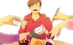  1boy ^_^ bangs blush bottle bowl brothers brown_hair chopsticks closed_eyes eating food food_on_face happy highres holding_bowl hood hood_down hoodie laughing long_sleeves male_focus matsuno_choromatsu matsuno_ichimatsu matsuno_juushimatsu matsuno_karamatsu matsuno_osomatsu matsuno_todomatsu mimizuku0808 nattou osomatsu-kun osomatsu-san out_of_frame pov rice rice_bowl sauce sextuplets siblings simple_background solo_focus swept_bangs table teeth white_background 