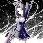  1girl breasts cowboy_shot dress fish.boy glaive grey_eyes halftone hand_up head_tilt highres holding holding_weapon kantai_collection looking_at_viewer mechanical_halo polearm purple_dress purple_hair ribbon short_dress short_hair smile solo tatsuta_(kantai_collection) thighs weapon 