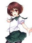  1girl :d asazuki_kanai blush brown_eyes brown_hair gradient_hair hair_between_eyes kantai_collection looking_at_viewer multicolored_hair mutsuki_(kantai_collection) open_mouth outstretched_arms outstretched_hand pantyhose pleated_skirt school_uniform serafuku short_hair simple_background skirt smile solo twitter_username white_background 
