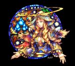  1girl blonde_hair blue_eyes braid breasts center_opening charite_machina_(p&amp;d) faux_traditional_media halo hashibirokou highres hood mole mole_under_eye puzzle_&amp;_dragons solo stained_glass twin_braids 