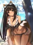  1girl :d animal_ears bare_shoulders bikini black_bikini black_eyes black_hair blush breasts cat_ears cleavage collarbone cowboy_shot dappled_sunlight frilled_bikini frills front-tie_top gloves goggles goggles_on_head granblue_fantasy hair_between_breasts highres huge_breasts jessica_(granblue_fantasy) large_breasts leaning_forward long_hair looking_at_viewer navel open_mouth outdoors parted_lips smile solo standing sunlight swimsuit wet white_gloves yaman_(yamanta_lov) 
