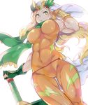  1girl blonde_hair bracer breasts covered_navel genderswap gloves green_eyes hammer headdress kaki_s large_breasts long_hair mjolnir mtf muscle muscular_female parted_lips puzzle_&amp;_dragons solo thor_(p&amp;d) 