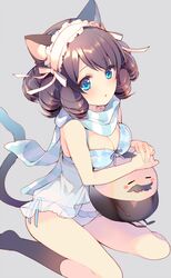  1boy 1girl :o animal_ears arisugawa_maple babydoll bangs black_hair blue_eyes blue_nails blue_panties blush bow bow_bra bra breasts cat_ears cat_tail curly_hair cyan_(show_by_rock!!) eyebrows eyebrows_visible_through_hair frills from_above grey_background hair_ribbon hairband kneehighs large_breasts looking_at_viewer mayachi_(amuriya) nail_polish panties ribbon ringlets scarf see-through show_by_rock!! side-tie_panties simple_background sitting striped striped_scarf tail underwear underwear_only 