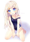  1girl :o ass_visible_through_thighs bangs bare_shoulders barefoot between_legs bird_hair_ornament blue_eyes blue_swimsuit collarbone dripping eyebrows eyebrows_visible_through_hair full_body hair_ornament hand_between_legs head_tilt highres long_hair looking_at_viewer mafuyu_(chibi21) off_shoulder one-piece_swimsuit original school_swimsuit sitting solo swept_bangs swimsuit twitter_username wariza water wet white_background 