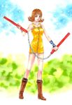  1girl boots breasts brown_hair final_fantasy final_fantasy_viii flipped_hair green_eyes kikimimi_612 nunchaku selphie_tilmitt short_hair skirt smile solo weapon yellow_skirt 