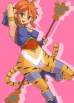  1girl animal_ears breasts breath_of_fire breath_of_fire_ii bustier cat_ears cat_tail facial_mark furry gloves green_eyes groin hashi midriff no_panties no_pants orange_hair pointy_ears redhead rinpoo_chuan short_hair solo staff tail 