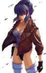  1girl breasts ghost_in_the_shell ghost_in_the_shell_stand_alone_complex gloves highres hikonyaaa jacket kusanagi_motoko leotard purple_hair red_eyes short_hair solo wind 