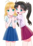  2girls :&lt; :d ahoge artoria_pendragon_(all) black_hair blonde_hair blush child fate/stay_night fate/zero fate_(series) green_eyes highres hug long_hair looking_at_viewer multiple_girls nipi27 open_mouth saber simple_background skirt smile teeth tohsaka_rin toosaka_rin twintails white_background younger 