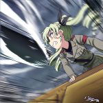  1girl action anchovy arm_support artist_name belt black_shirt bullet_trail carro_armato_p40 commentary_request dress_shirt drill_hair girls_und_panzer green_hair grey_jacket grimace h-new hair_ribbon jacket long_hair long_sleeves military military_uniform military_vehicle motion_blur necktie pants ribbon shirt shoulder_belt signature solo tank tank_shell twin_drills twintails uniform vehicle 
