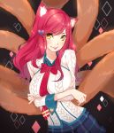  1girl :p academy_ahri ahri animal_ears aran_sweater breast_hold breasts crossed_arms facial_mark fox_ears fox_tail hair_ornament hairclip heart_hair_ornament highres league_of_legends long_hair looking_at_viewer moochirin multiple_tails plaid plaid_skirt redhead skirt slit_pupils solo sweater tail tongue tongue_out whisker_markings yellow_eyes 