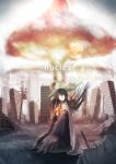  1girl black_hair black_wings bow breasts cape city commentary_request day destruction embers english explosion feathered_wings fire green_skirt hair_bow highres kirisame_tarou lens_flare long_hair long_skirt looking_up mushroom_cloud orange_eyes parted_lips power_lines reiuji_utsuho ruins seiza shirt sitting skirt sky solo sun telephone_pole third_eye touhou white_shirt wings 