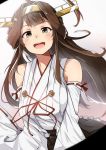  1girl ahoge bare_shoulders blush brown_eyes brown_hair detached_sleeves hairband headgear japanese_clothes kantai_collection kongou_(kantai_collection) long_hair looking_at_viewer nontraditional_miko open_mouth ribbon-trimmed_sleeves ribbon_trim sakamoto-cat smile solo tears 