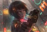  1girl aiming_at_viewer black_hair blue_eyes close-up commentary cyberpunk eyebrows fingerless_gloves flying_car gloves gun guweiz hair_ornament hairclip handgun lips neon_lights neon_trim nose original pistol rain science_fiction serious short_hair solo spinner very_short_hair weapon 