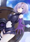  1girl elbow_gloves fate/grand_order fate_(series) gloves hair_over_one_eye hiba_(p-p-purin) highres purple_hair shielder_(fate/grand_order) short_hair single_thighhigh solo thigh-highs violet_eyes 